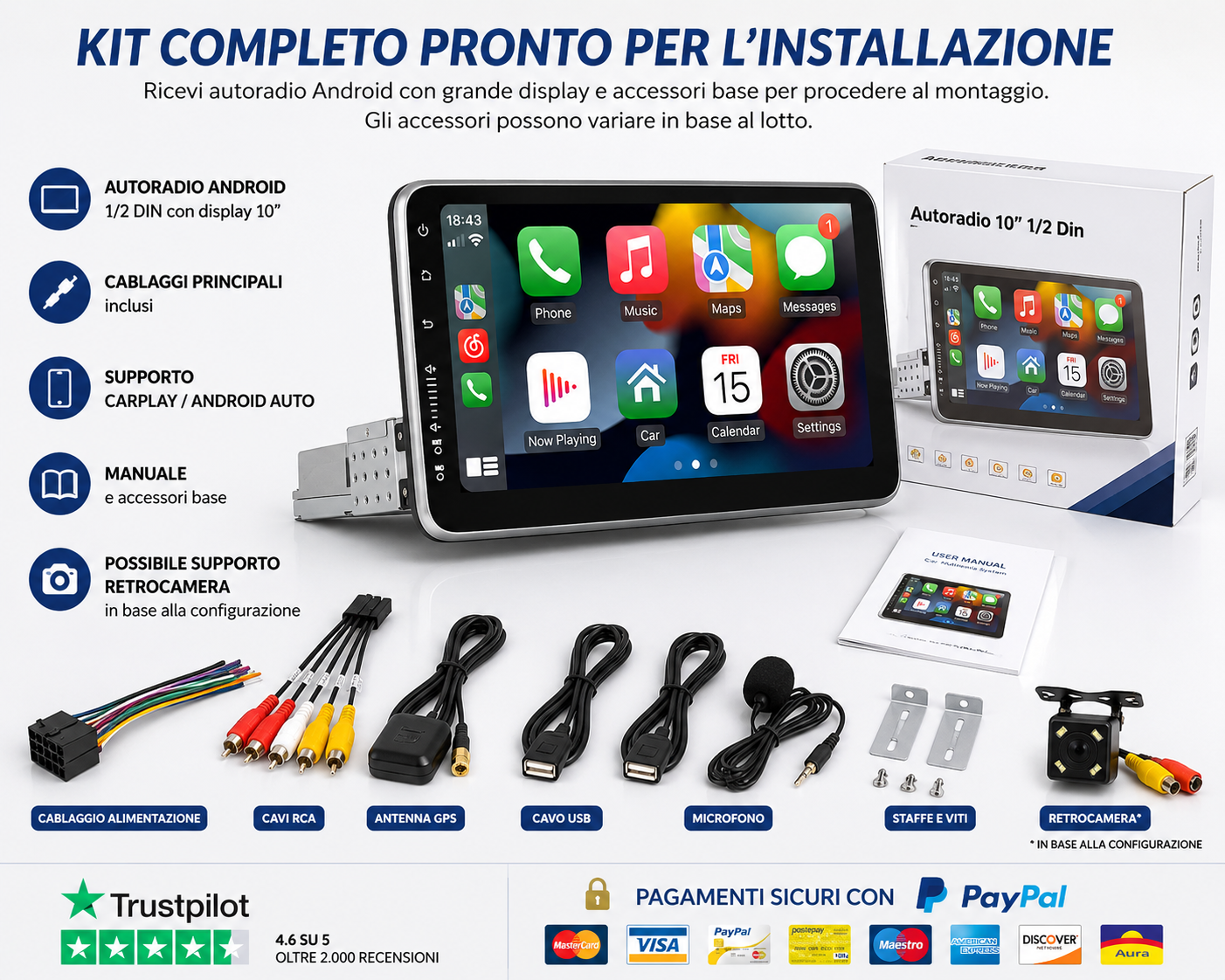 AUTORADIO ANDROID 10″ STEREO AUTO UNIVERSALE 1/2 DIN